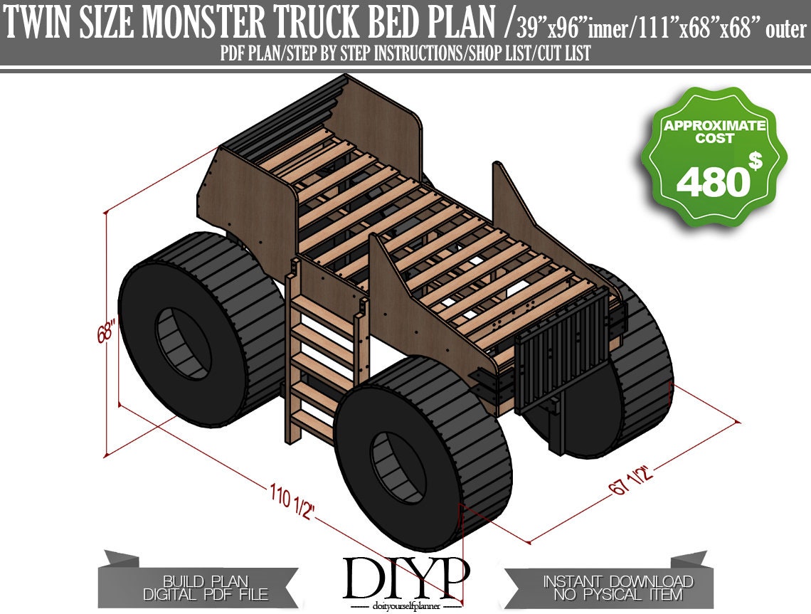 Diy Bed Plans for kids,Beatiful monster truck bed frame,Cnc cut files,Cheap kids bed,Toddler bed plans,Boys bed plan