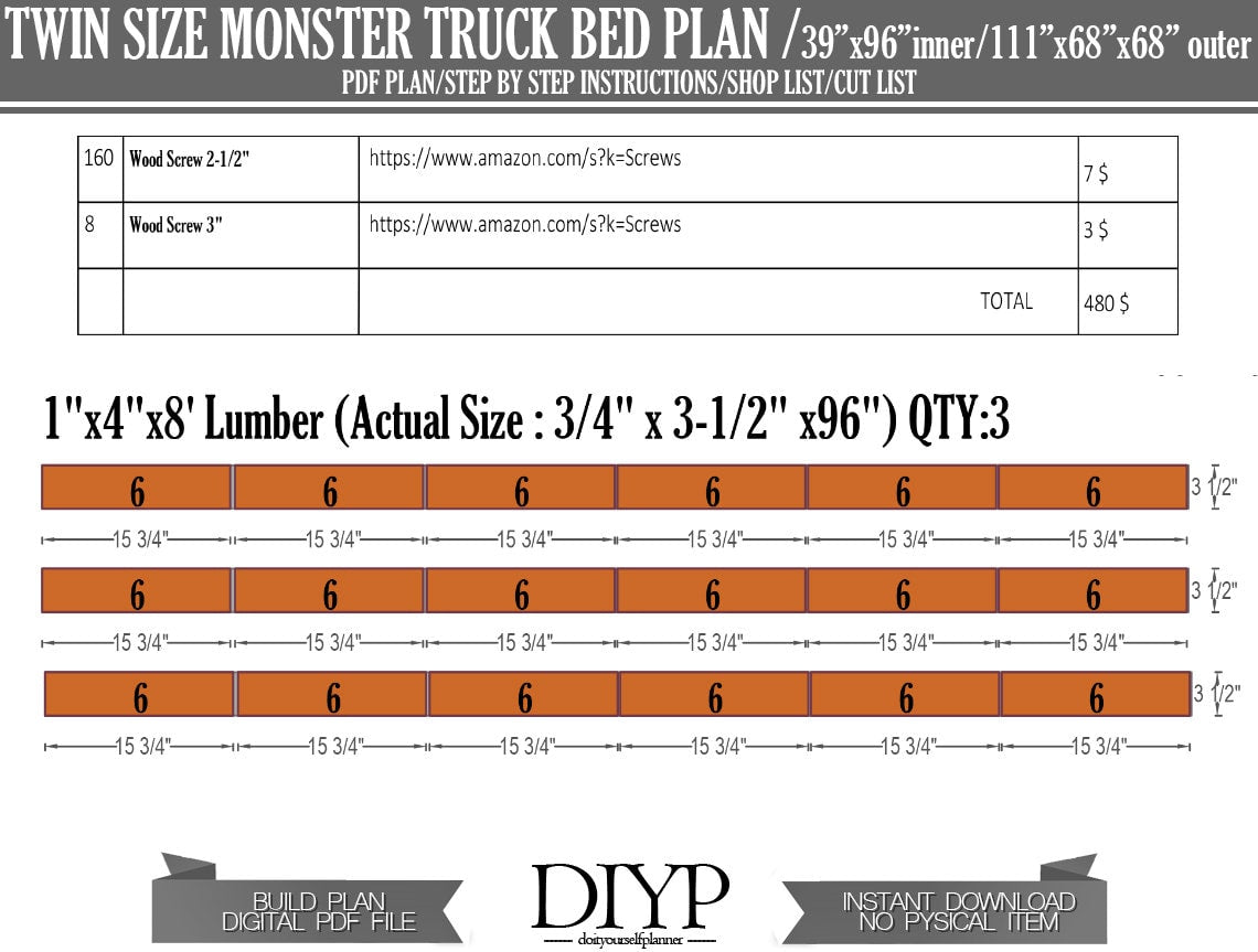 Twin size bed frame - Diy bed frame - diy bed plan - diy boys bed plan - truck bed - construction bed,car bed