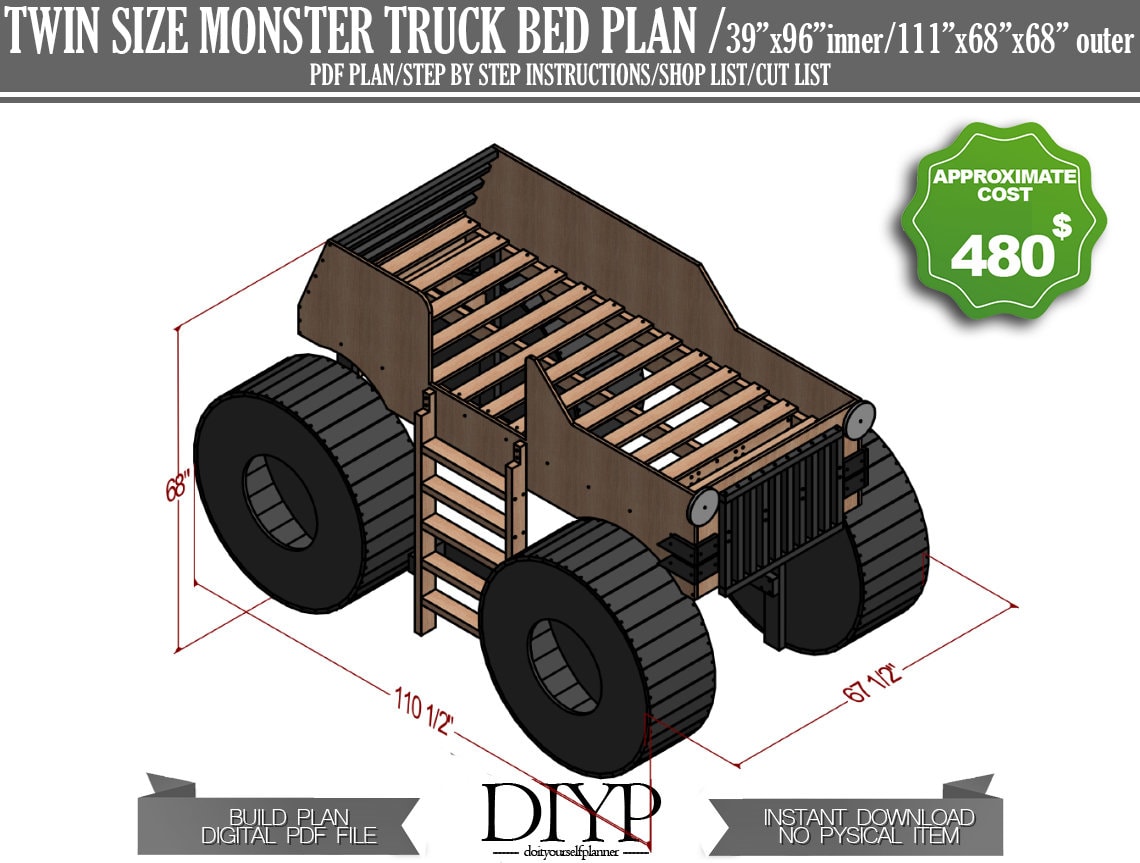 Twin size bed frame - Diy bed frame - diy bed plan - diy boys bed plan - truck bed - construction bed,car bed