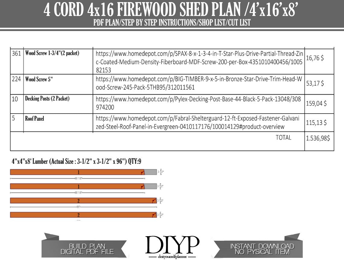 4x16 Firewood Shed Plans | 4 Cord Wood Shed DIY Build Plans