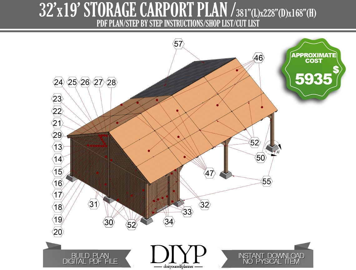 32x19 Two car port plans, car garage build plan, carport with storage plan, carport shed, build a carport, diy garage plans