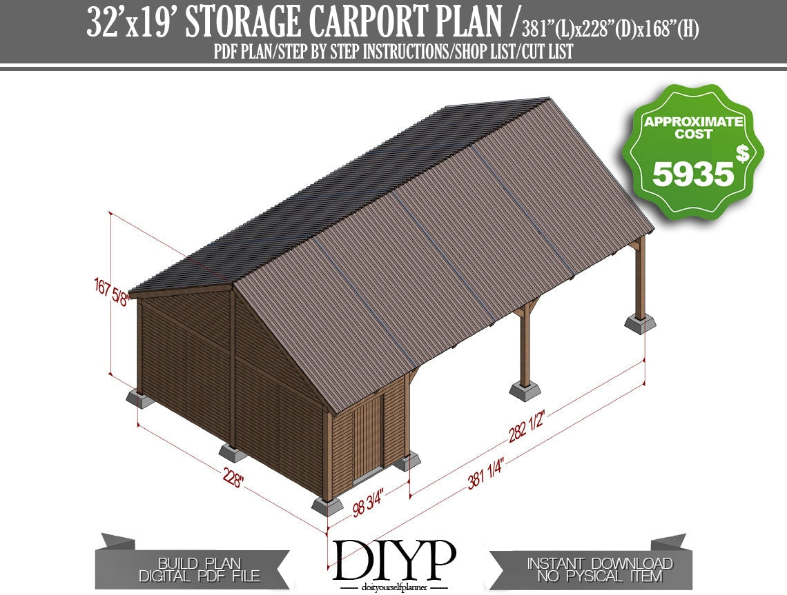 32x19 Two car port plans, car garage build plan, carport with storage plan, carport shed, build a carport, diy garage plans