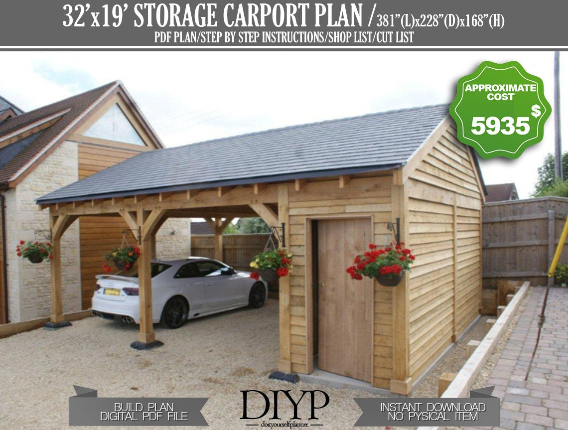 32x19 Two car port plans, car garage build plan, carport with storage plan, carport shed, build a carport, diy garage plans