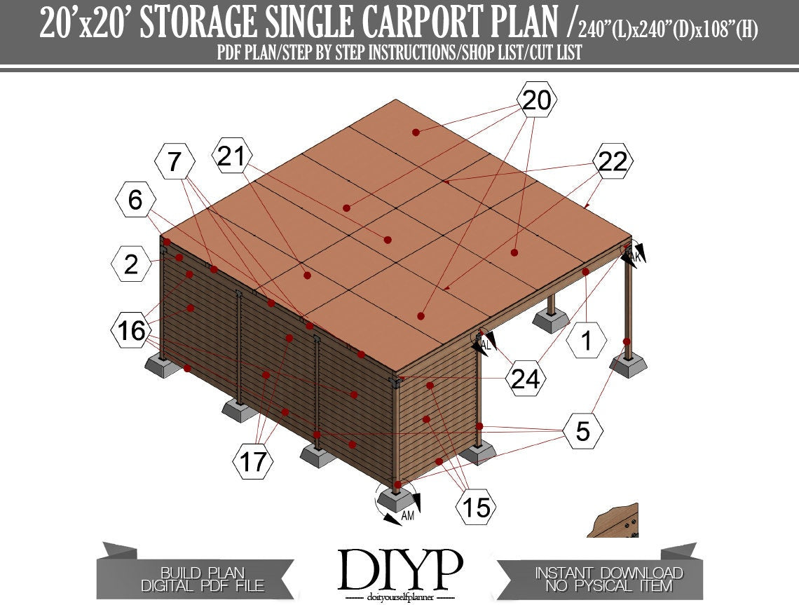 Car garage build plan, Single car port plans, carport with storage plan, carport shed, build a carport, diy garage plans, 20x20 shed