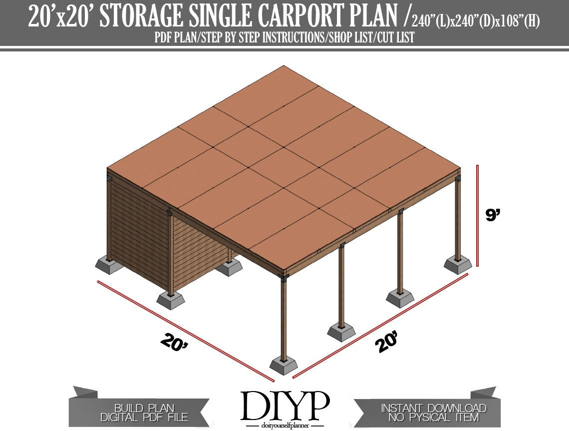 Car garage build plan, Single car port plans, carport with storage plan, carport shed, build a carport, diy garage plans, 20x20 shed