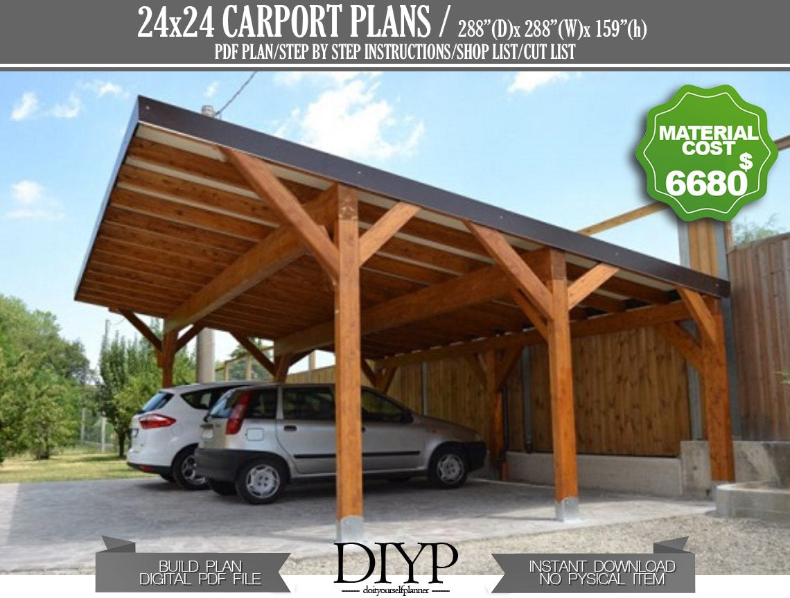 24x24 Carport Plans Diy - Car Garage for Two Car - Modern Pavilion Plans - Wooden Car Port