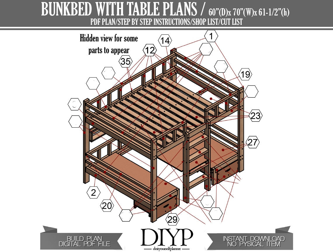 Bunk bed with desk plans, Full size loft bed, Multifunctional bunk bed with table, Modern study room ideas build plans