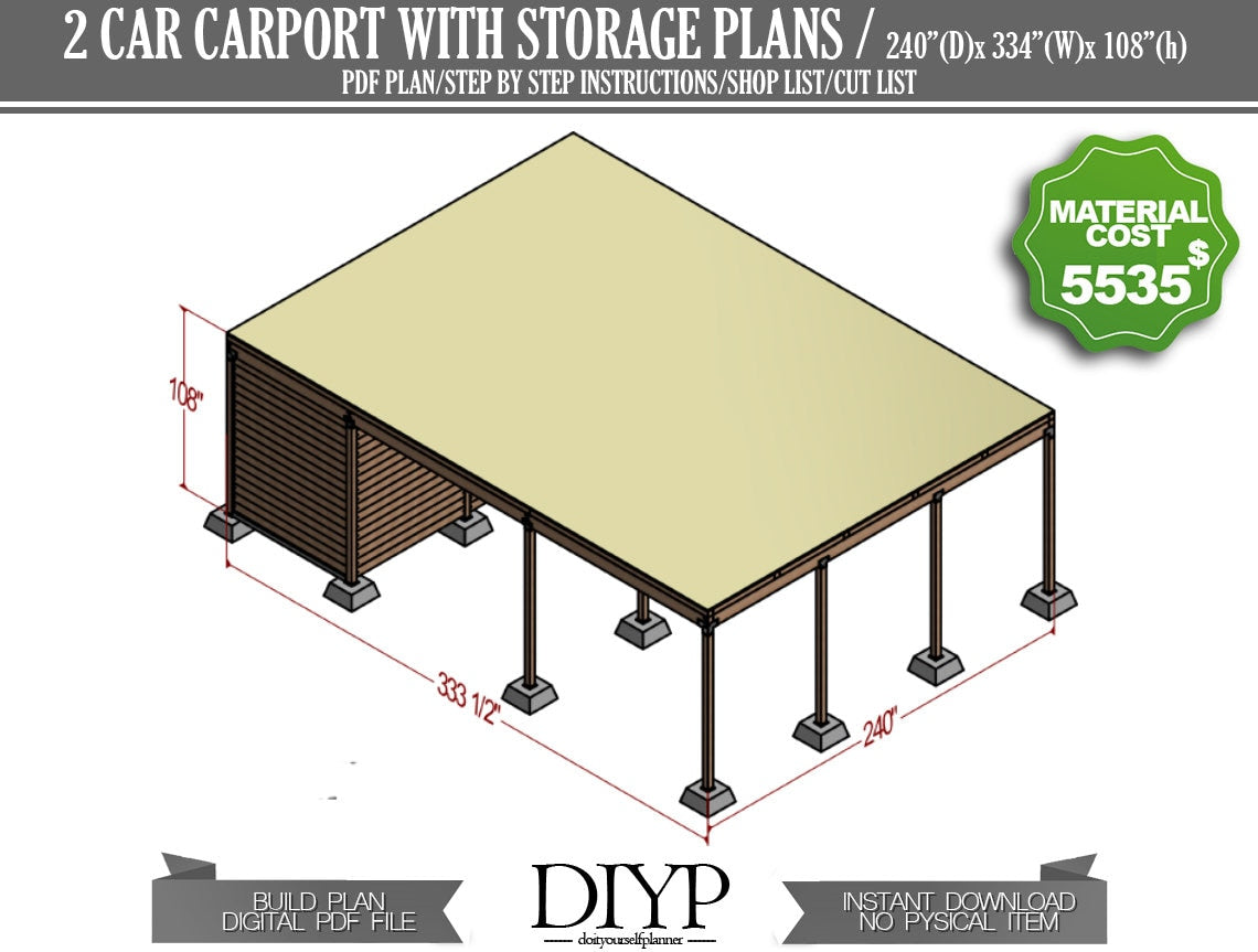 Two car carport with storage plan, carport shed, build a carport, diy garage plans, Two car port plans, car garage build plan,