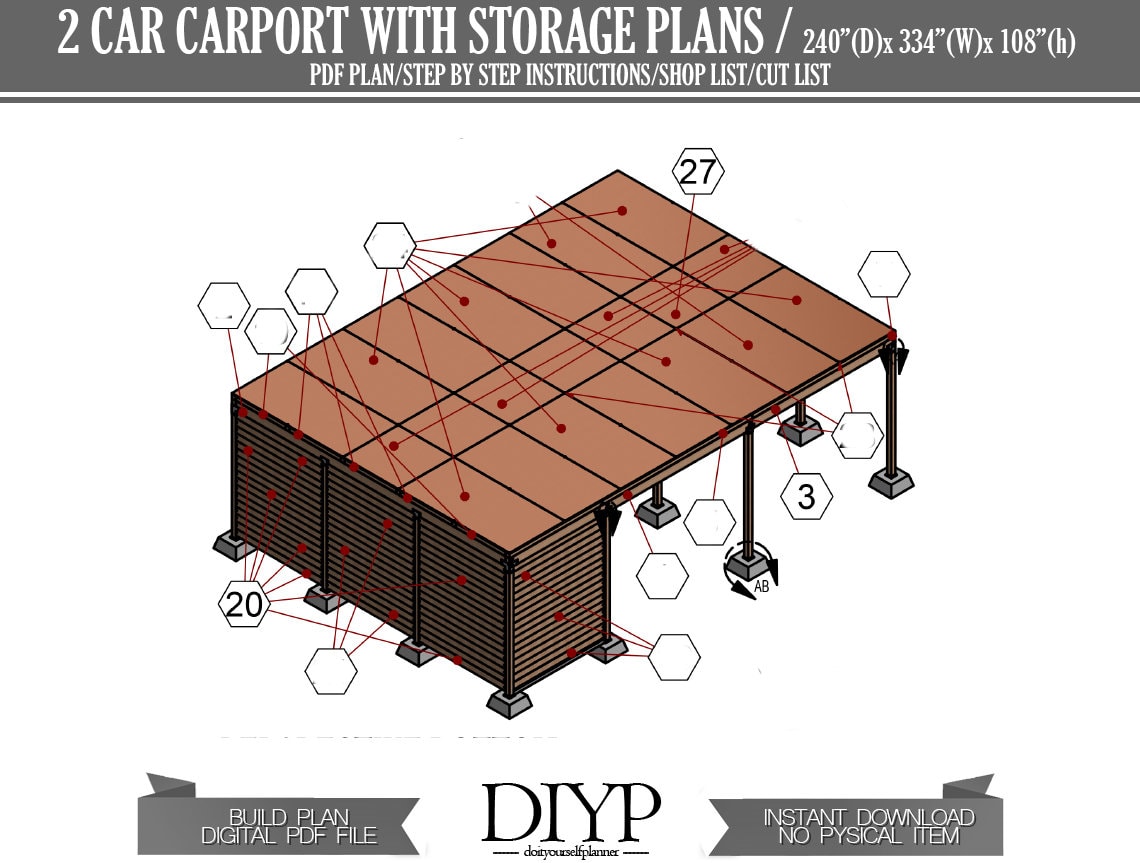 Two car carport with storage plan, carport shed, build a carport, diy garage plans, Two car port plans, car garage build plan,