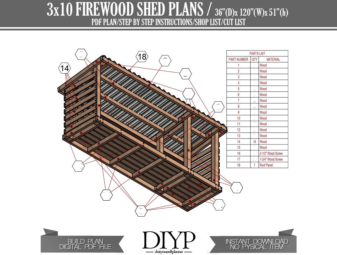 3x10 Firewood Shed Plan - Diy Wood Storage - Firewood Shed Backyard - Firewood holder plan