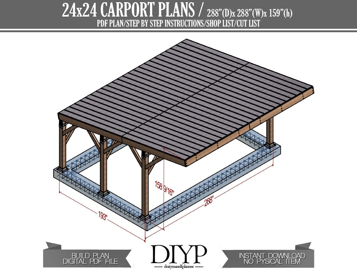 Single Slope Carport Plans Diy - Car Garage for Two Car - Modern Pavilion Plans - Wooden Car Port