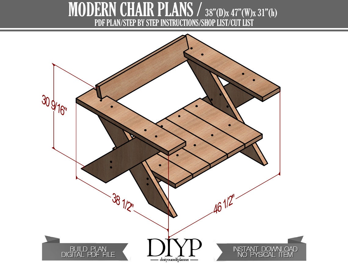Digital plans for modern chair, wooden chair plans, easy and comfortable chair build plan