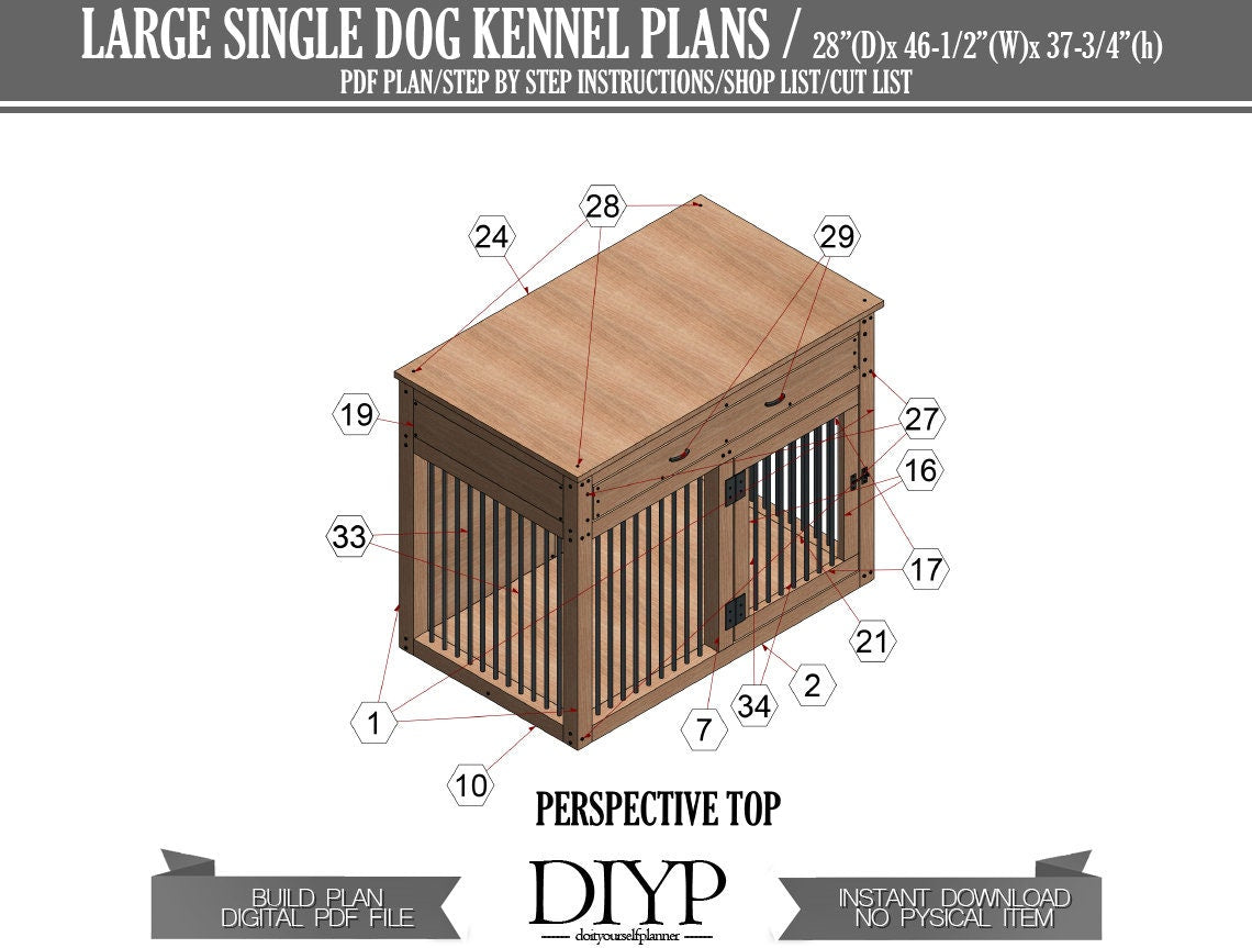 DIY Plans for Single Large Dog Kennel with drawers - Dog Crate Furniture - Build plans for dog cage