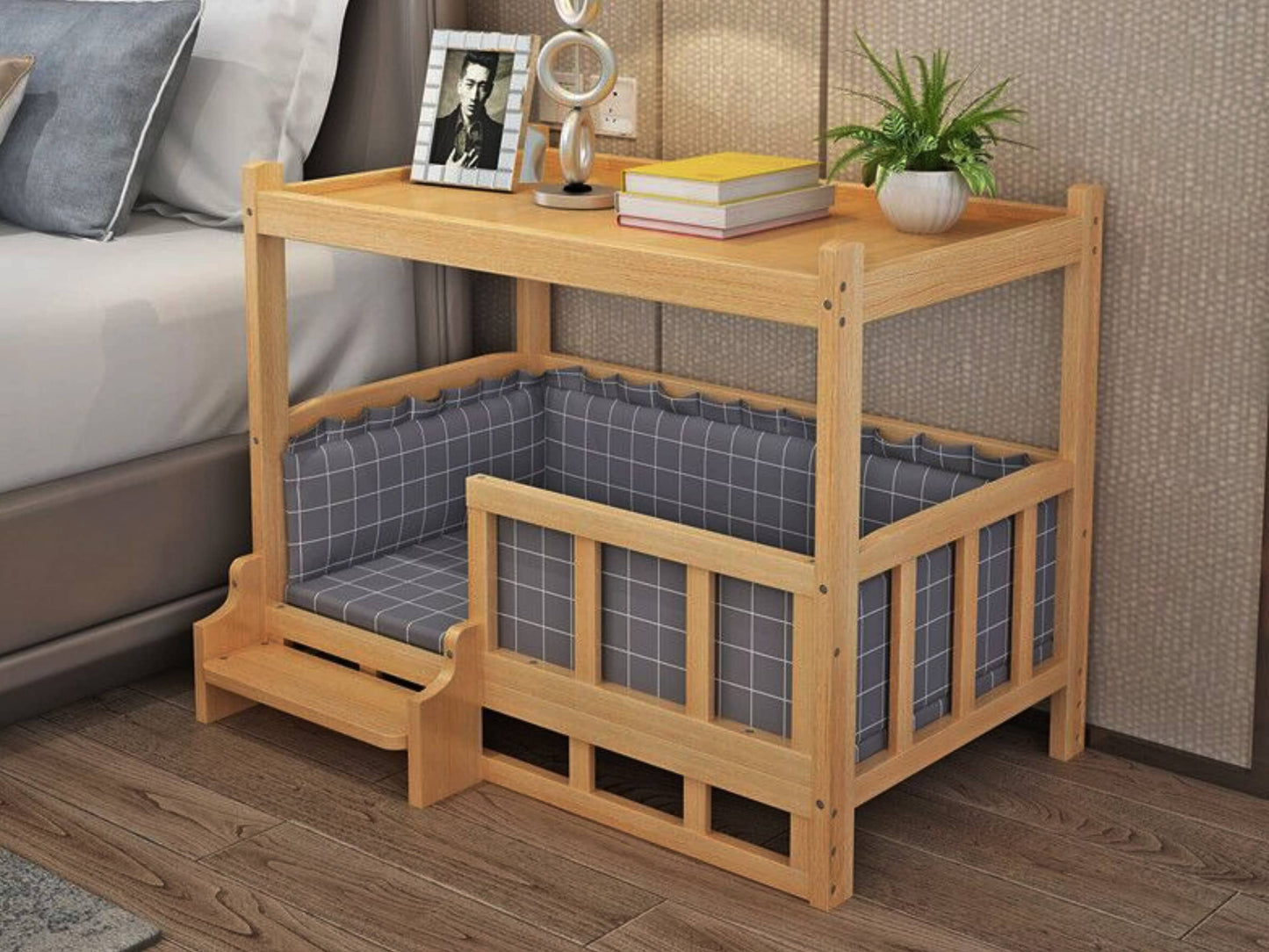 Wooden Elevated Dog Bed Plan, Bedside/Sofa Side End Table with Dog Lounge Sofa, Perfect for Dogs Cats, Spacious Storage