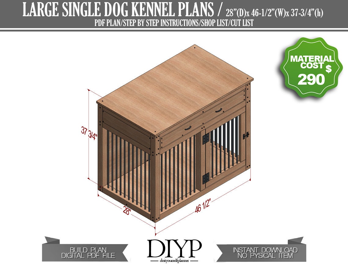 Dog Plan Library DIY Plans for Single Large Dog Kennel with drawers - Dog Crate Furnitu ...