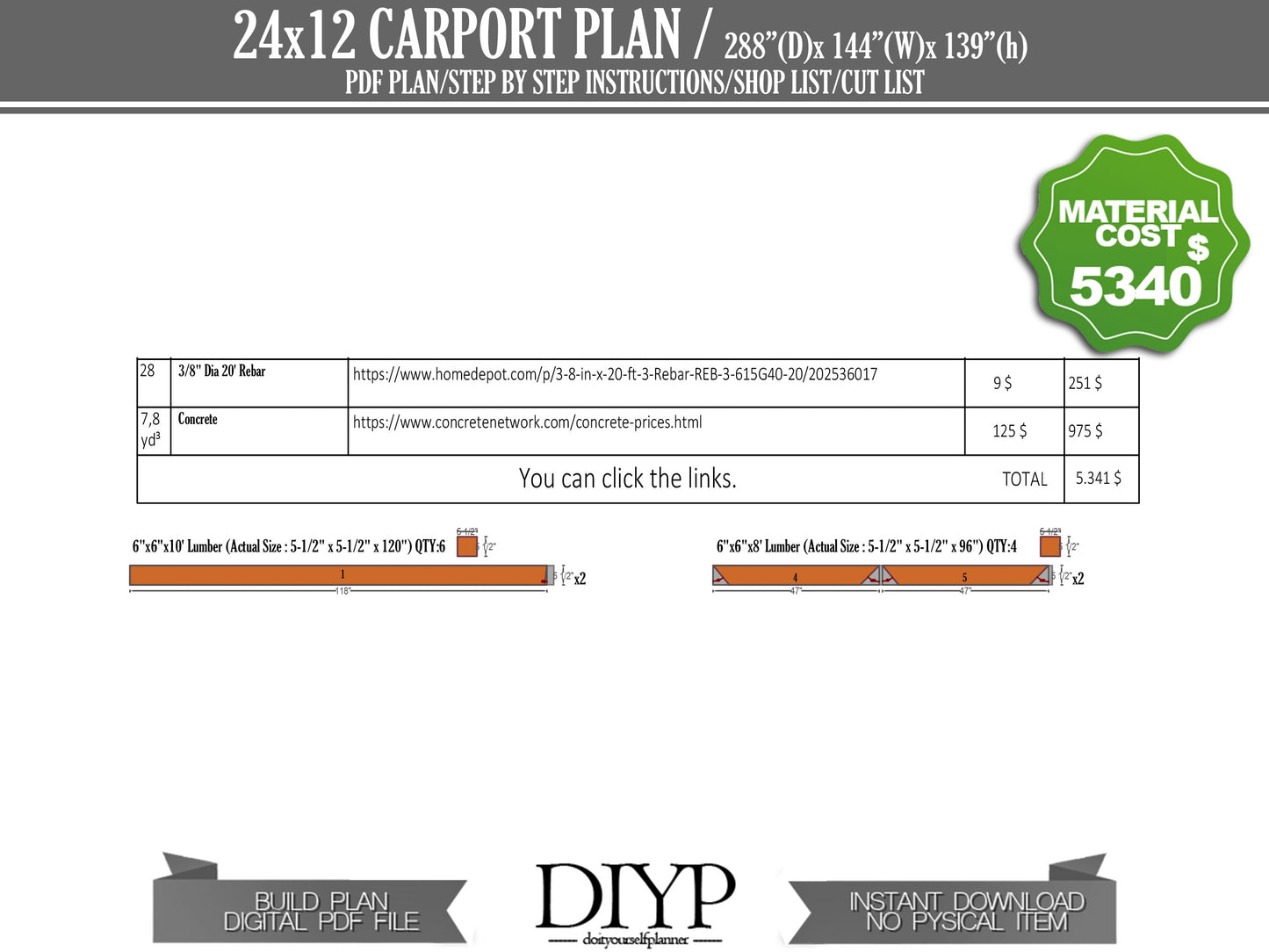 12'x24' Carport Plans DIY Wooden car garage - Download Printable PDF